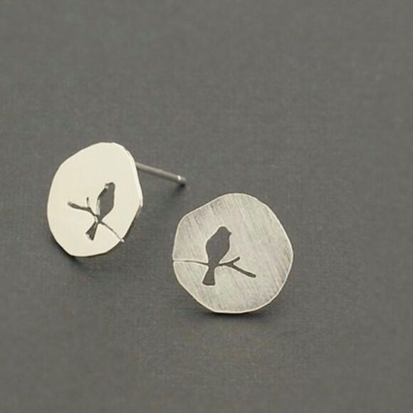 Brushed Gold or Silver Tone Bird on Branch Stud Earrings NWT - Picture 3 of 7